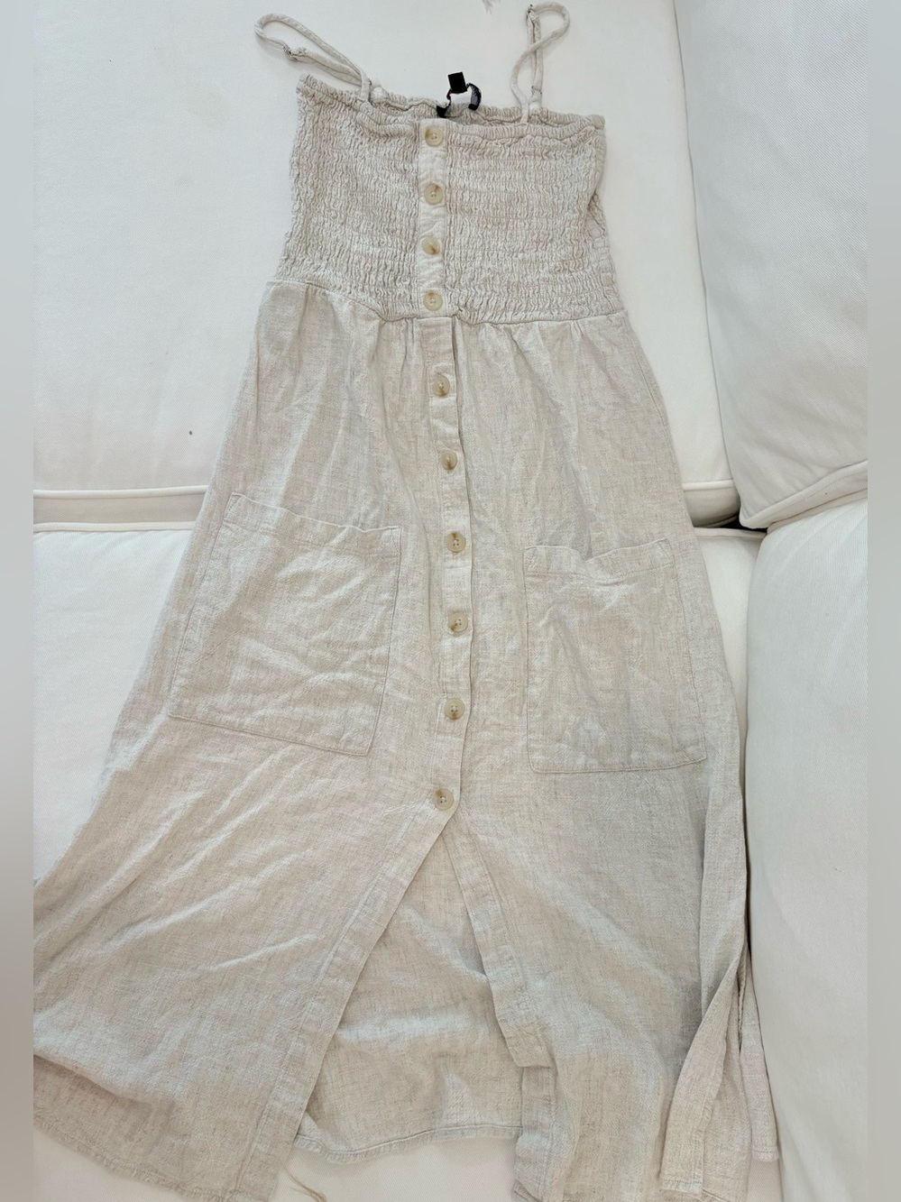 Linen-Blend Button-Front Midi Skirt in Light Beige